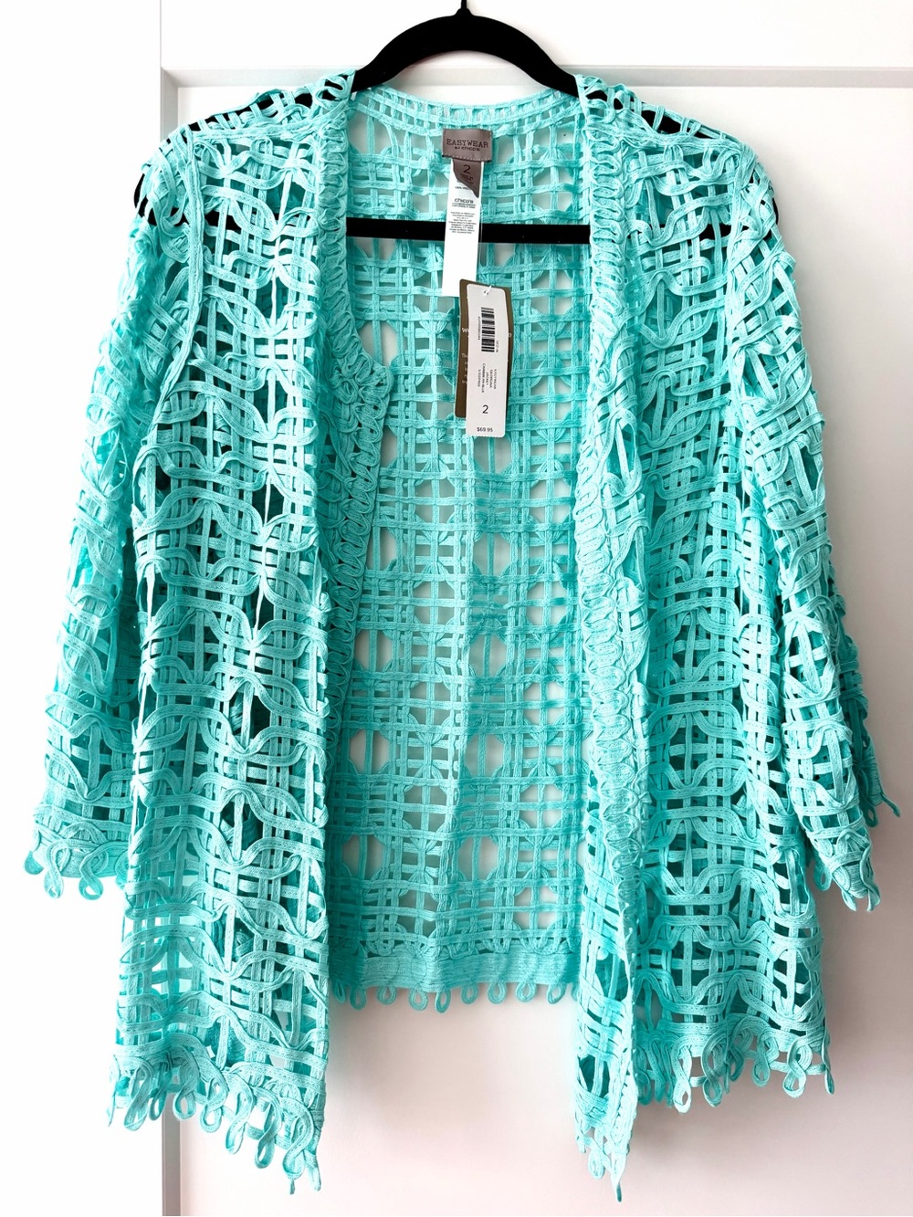 NWT - CHICO’S EASY WEAR Women's Crochet Jacket in Aqua